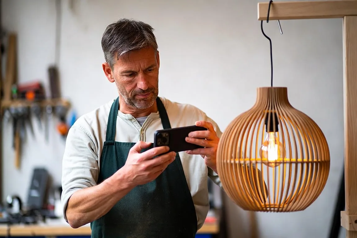 AI-illustratie: Meubelmaker fotografeert zijn nieuwe houten lamp voor zijn website