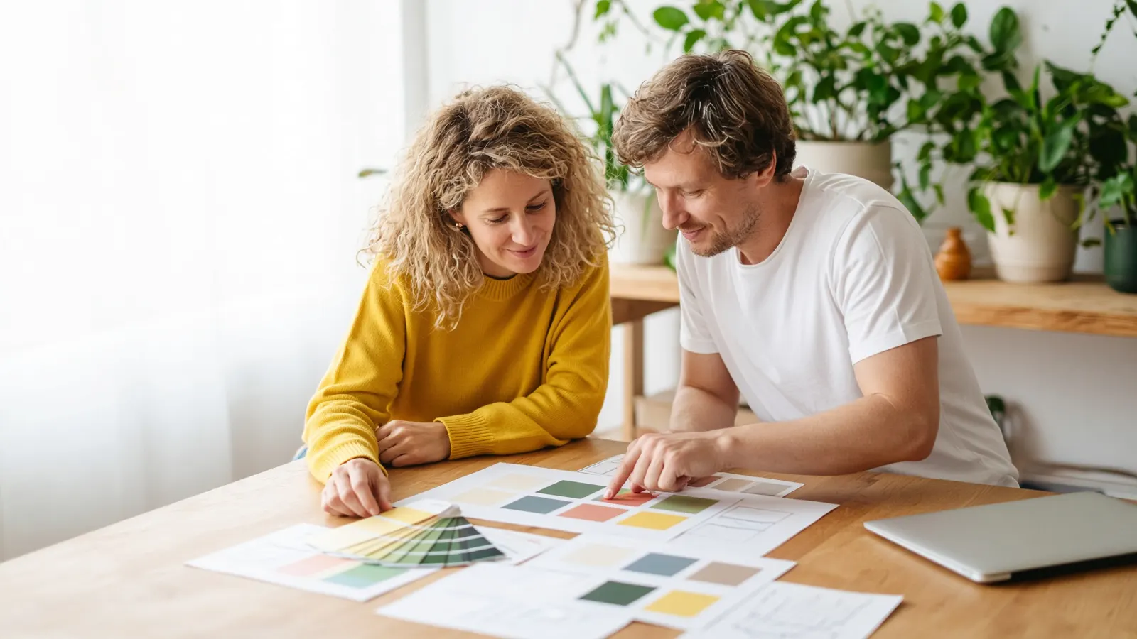 Twee ondernemers kiezen samen kleuren en schetsen voor hun nieuwe website