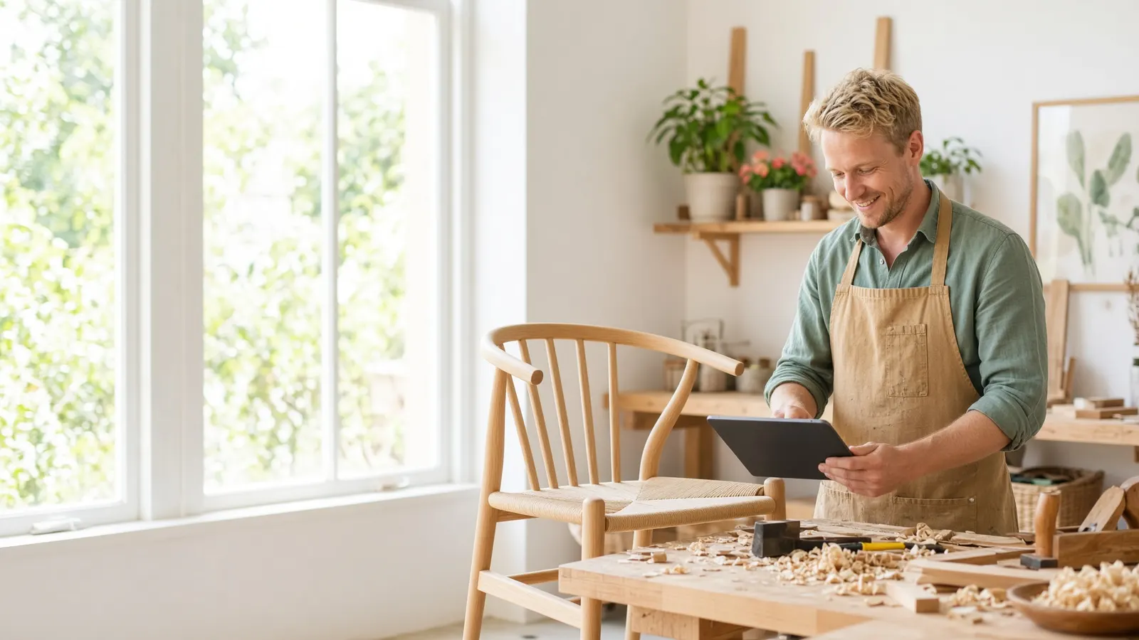 Meubelmaker kijkt op een tablet in zijn lichte werkplaats