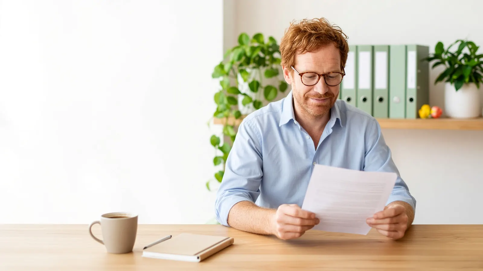 Accountant leest een document aan zijn bureau in een licht kantoor