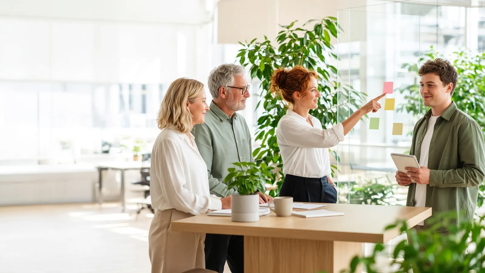 Team van een adviesbureau overlegt bij een glazen wand met memobriefjes