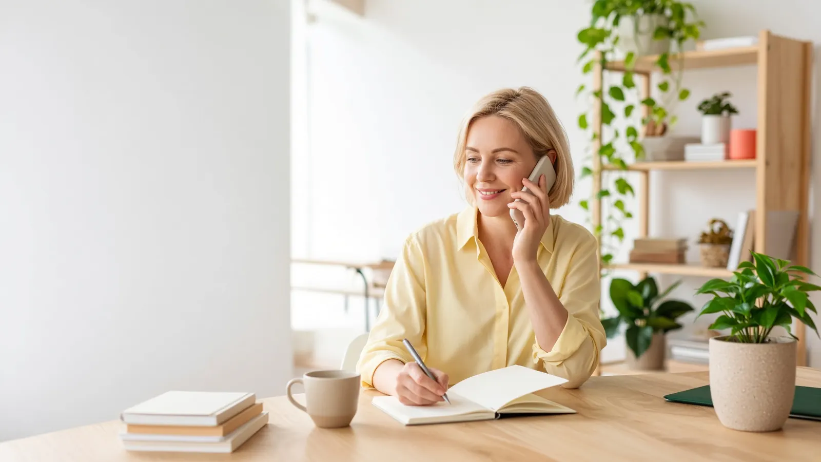 Recruiter belt met een kandidaat en maakt aantekeningen aan haar bureau