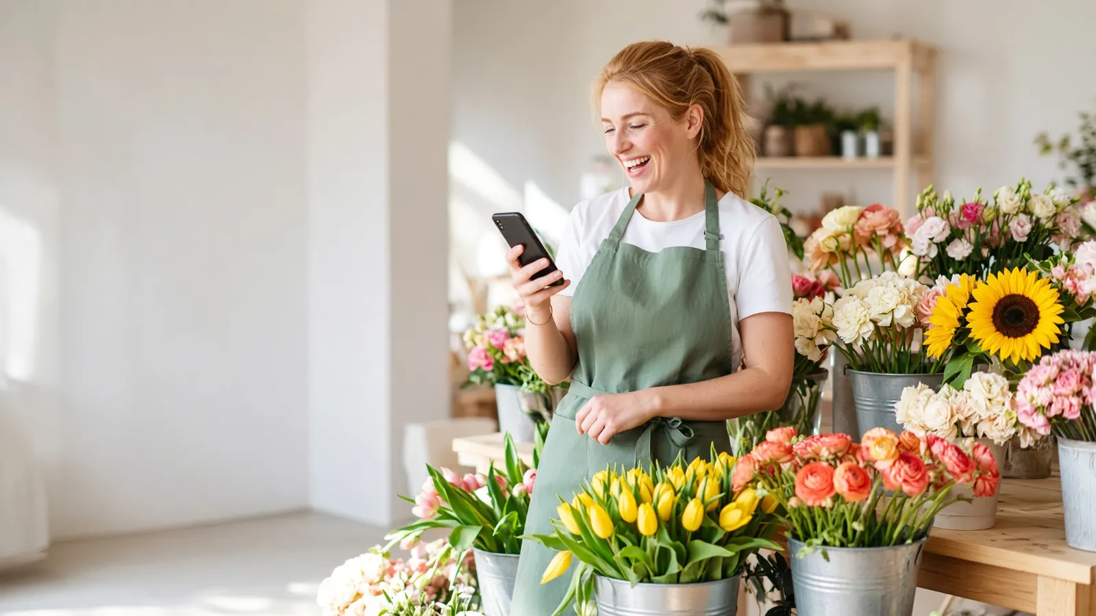 Bloemist leest een bericht op haar telefoon tussen de tulpen en zonnebloemen