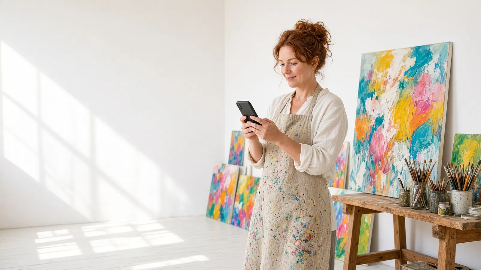 Schilder fotografeert een kleurrijk doek in haar lichte atelier