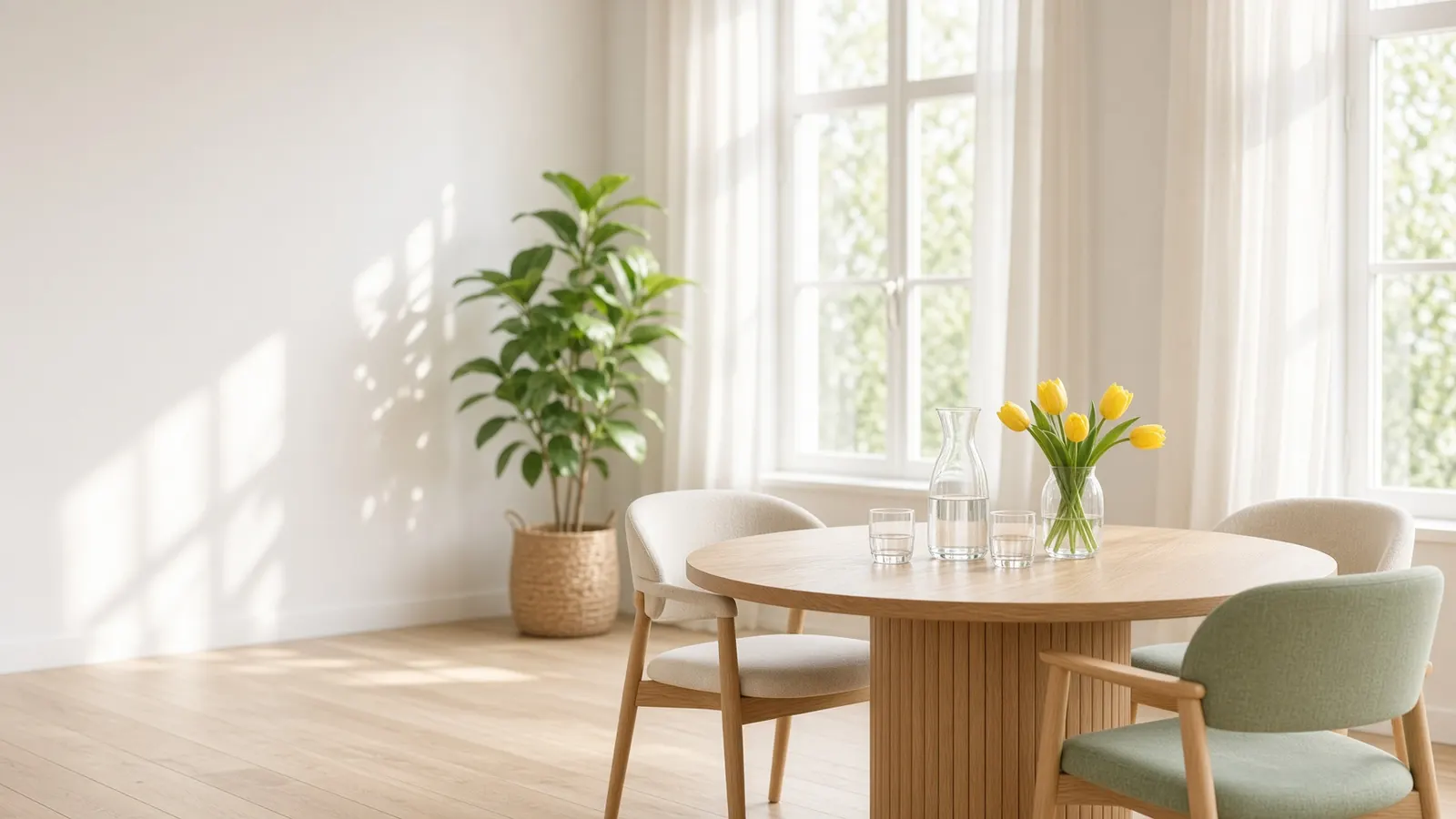 Zonnige mediationruimte met ronde tafel, water en gele tulpen