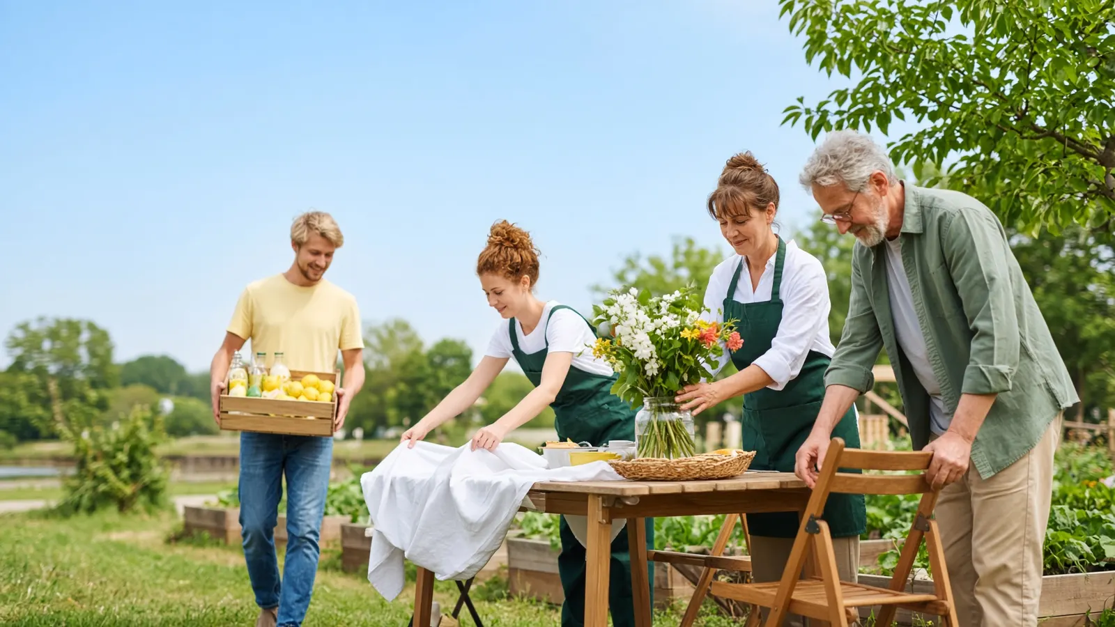 Vrijwilligers zetten samen een buurtfeest op in een zonnige moestuin