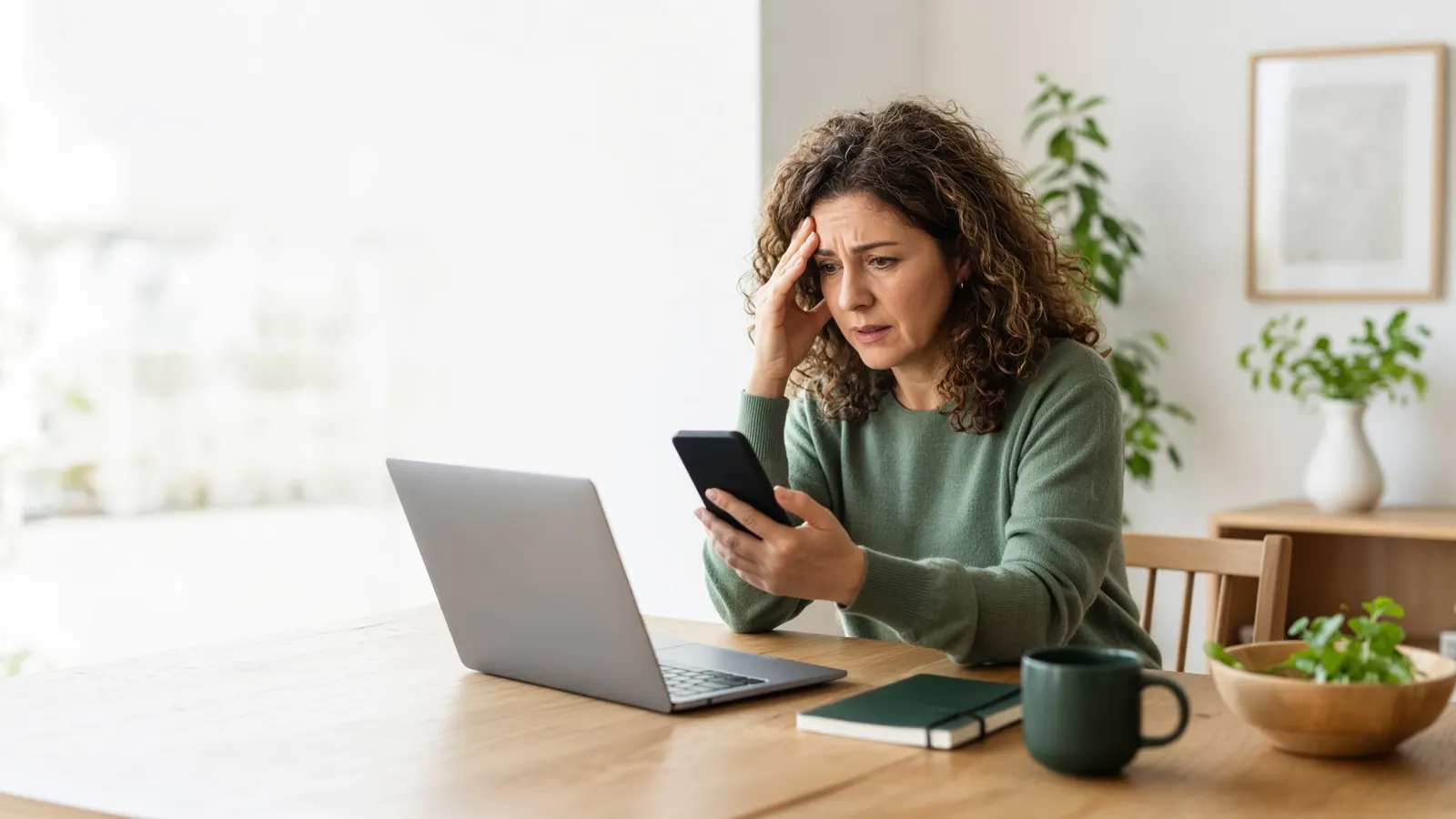 Ondernemer kijkt geschrokken naar haar laptop met haar telefoon in de hand