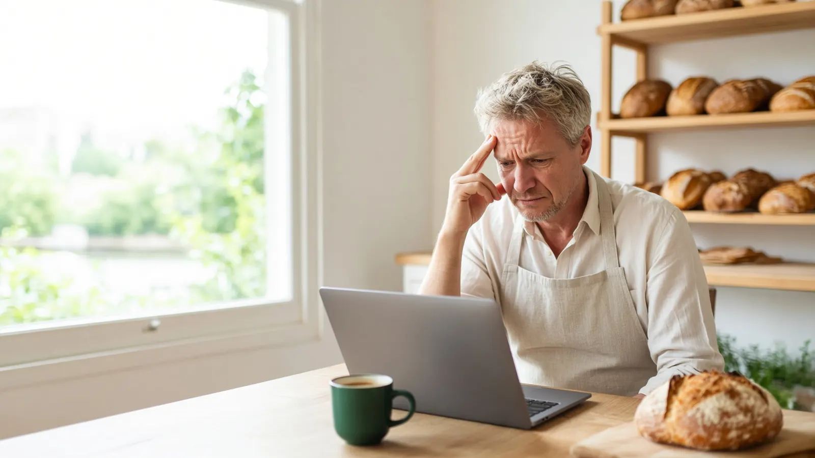 Bakker kijkt 's ochtends bezorgd naar zijn laptop achter in zijn winkel